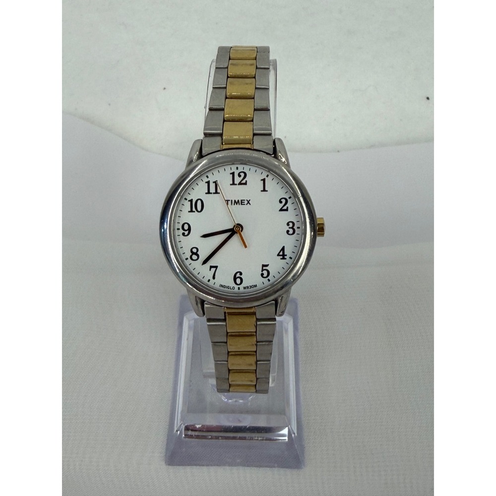 Timex Indiglo WR30M Two Tone Silver Gold Band Watch 32mm White Dial